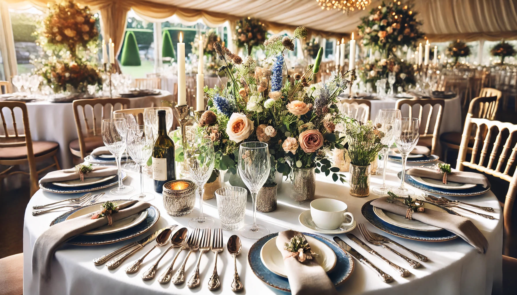 A beautifully set dining table at an event, featuring elegant crockery and cutlery, showcasing the quality and variety of crockery and cutlery hire fr