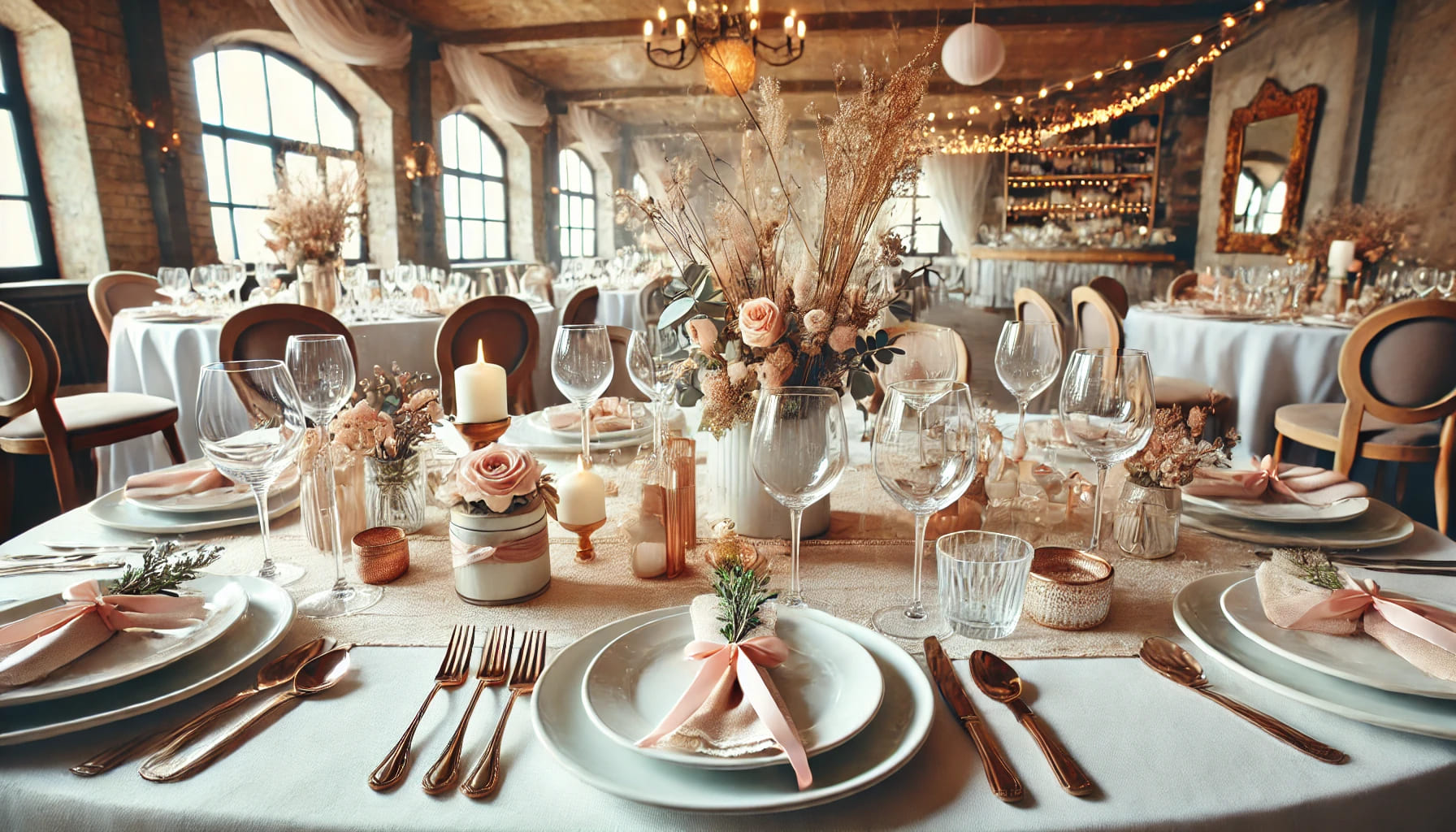 A beautifully set table for a bridal shower in a cosy restaurant, with elegant tableware and decorations. No text