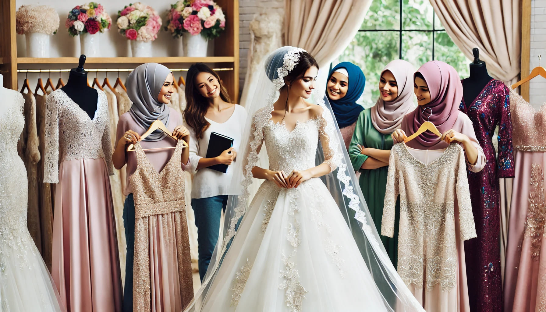 A bride trying on a wedding dress in a bridal shop, surrounded by bridesmaids holding different dresses