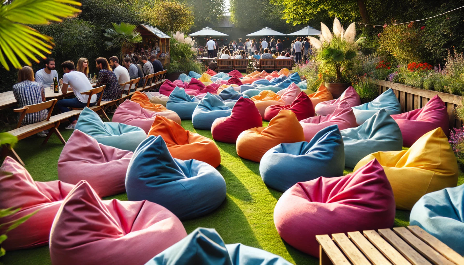 A casual outdoor event with colourful bean bags arranged in a garden, creating a relaxed and informal atmosphere