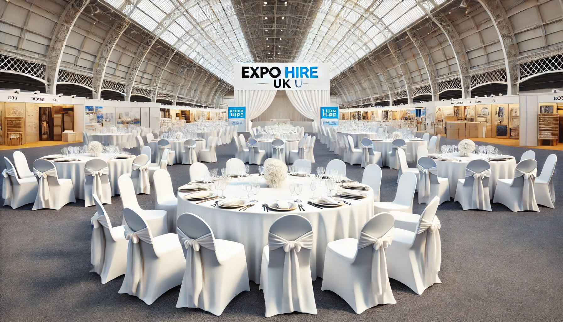 A clean and tidy event setup with high-quality linens, chair covers, and tablecloths, illustrating Expo Hire UK's linen hire service