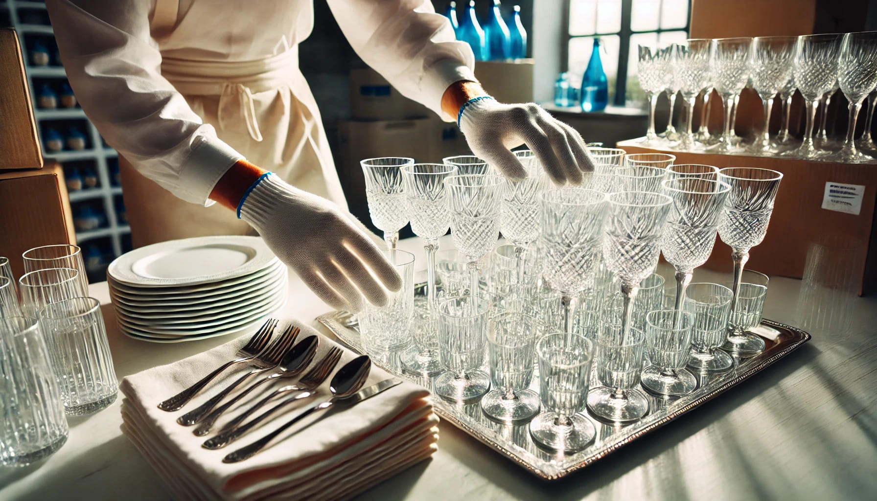 A close-up of sparkling clean glassware being checked and packed by staff at an event hire company