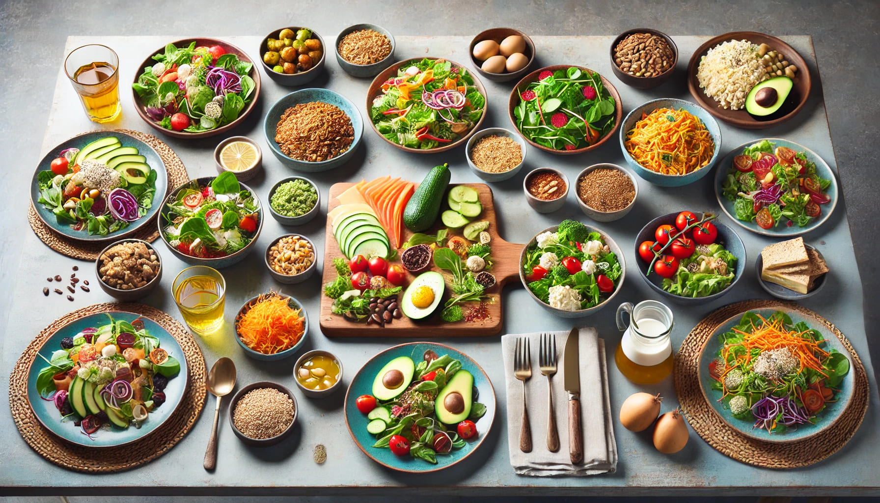 A dining table set with colourful and nutritious dishes rich in probiotics and fibre, featuring a mix of salads, grains, and fermented foods. No text