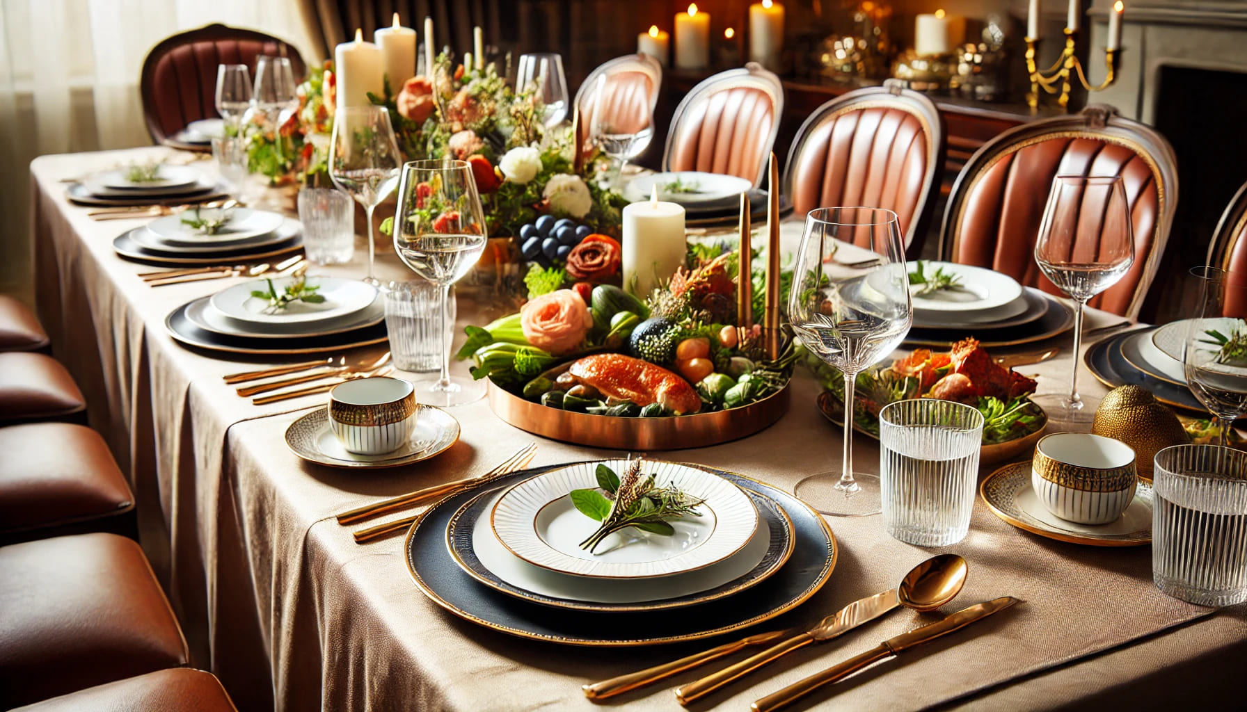 A formal dining table set for the main course, featuring large dinner plates, elegant cutlery, and wine glasses. The table is decorated with stylish t