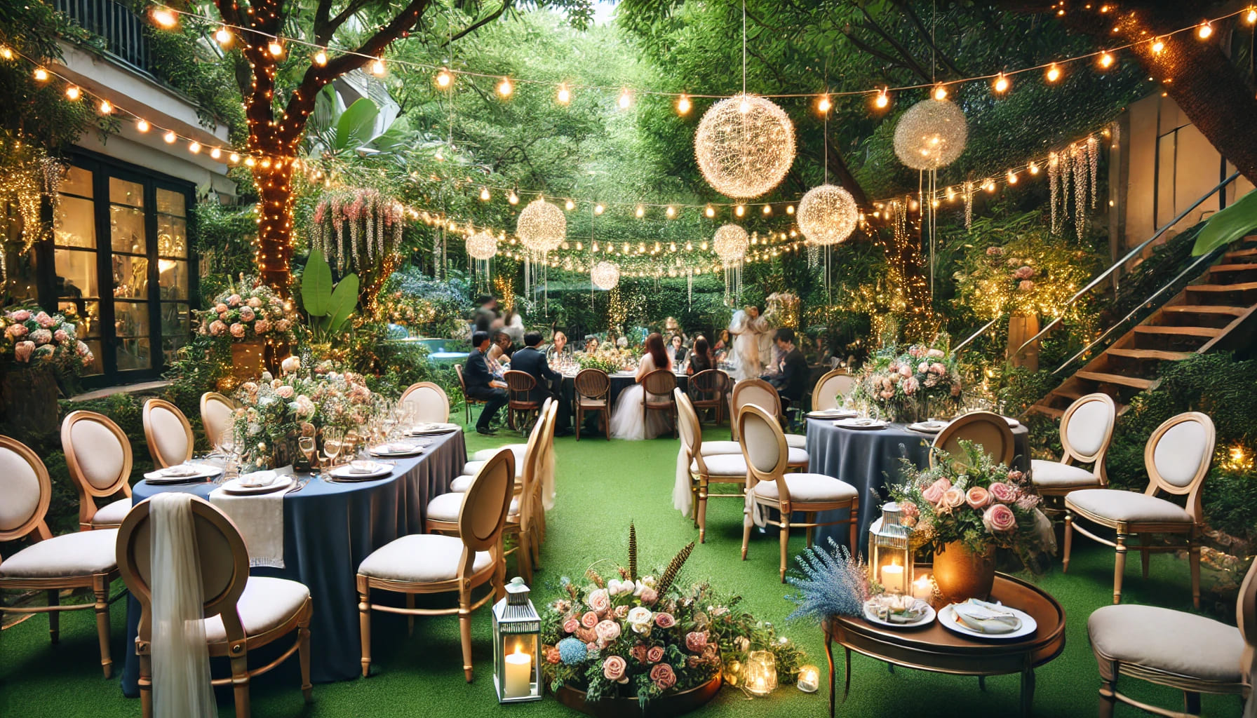 A garden party with elegant decorations, tables, chairs, and guests enjoying food and drinks. The garden is lush and green, with flowers and fairy lig