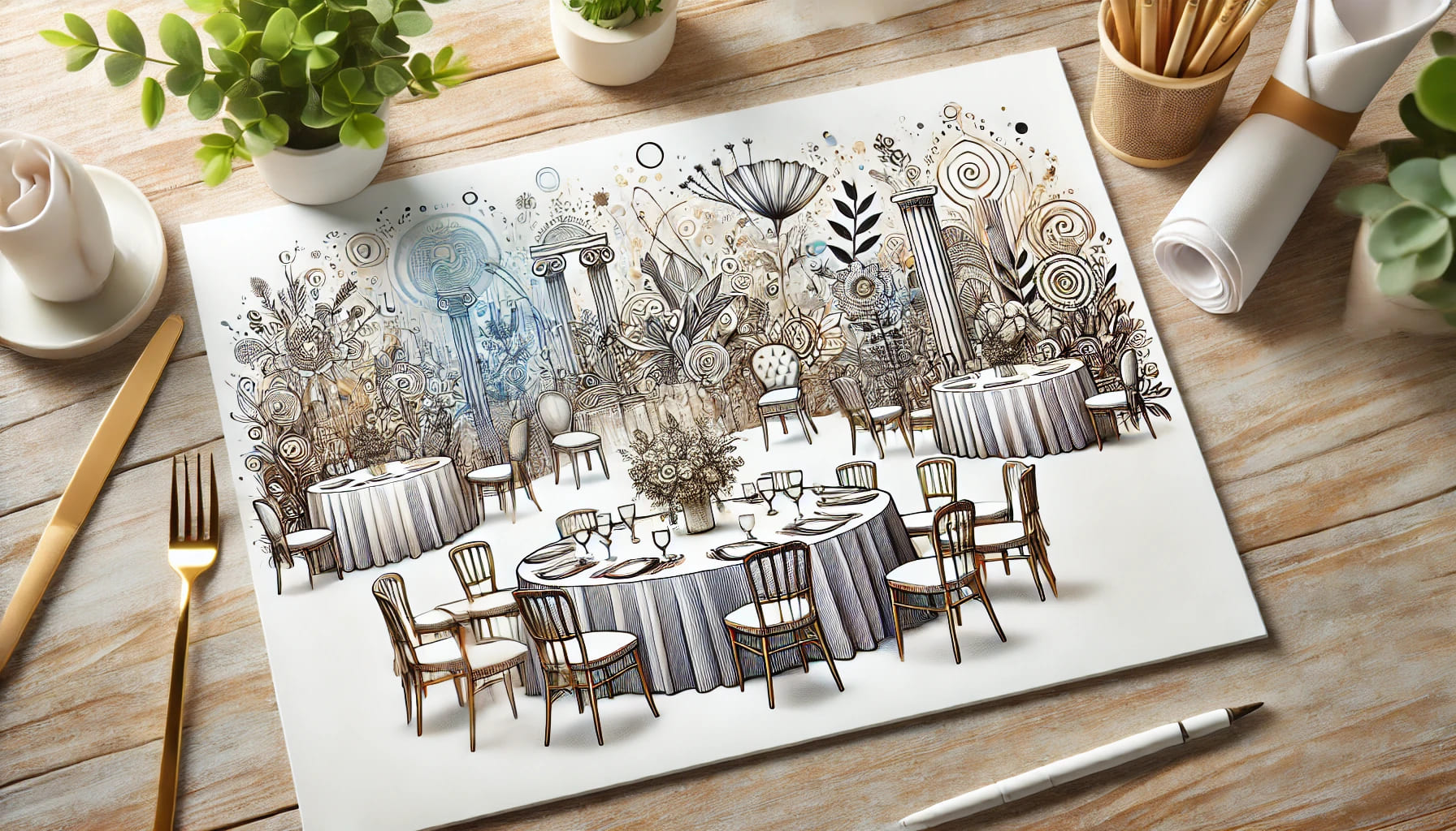 A landscape-oriented image featuring a detailed view of various table styles and decorations at an event, illustrating tips for choosing the right table