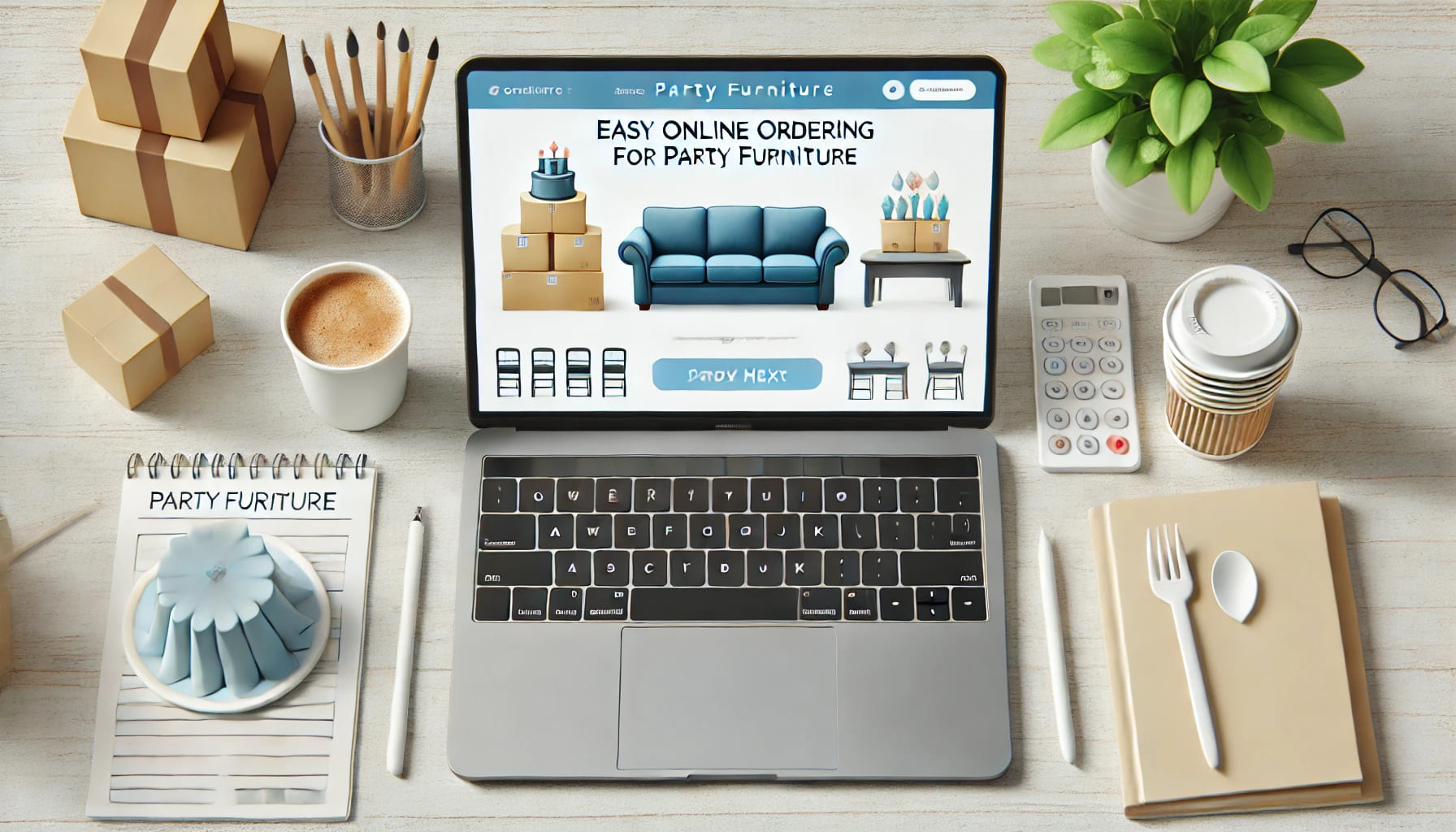 A laptop showing an easy online ordering process for party furniture, with an organised and user-friendly interface, no text