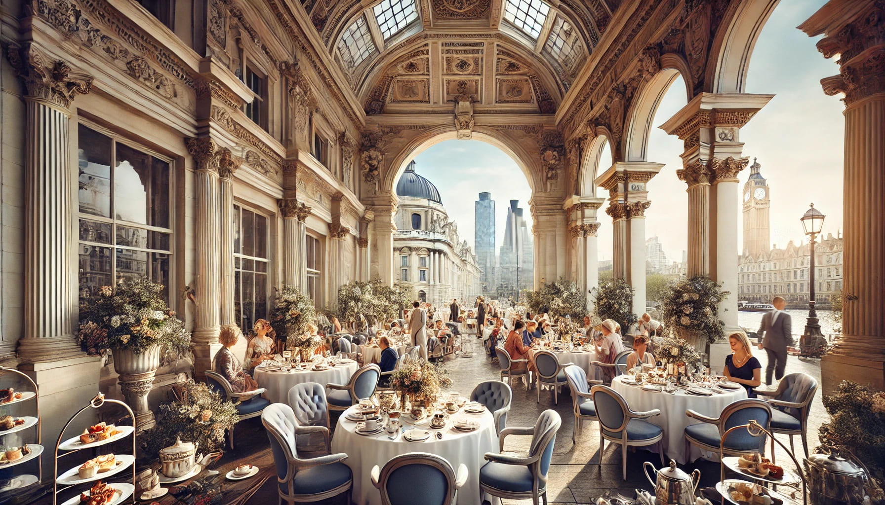 A picturesque London venue set up for an afternoon tea party, featuring classic British architecture, elegant tables, and guests enjoying tea with the