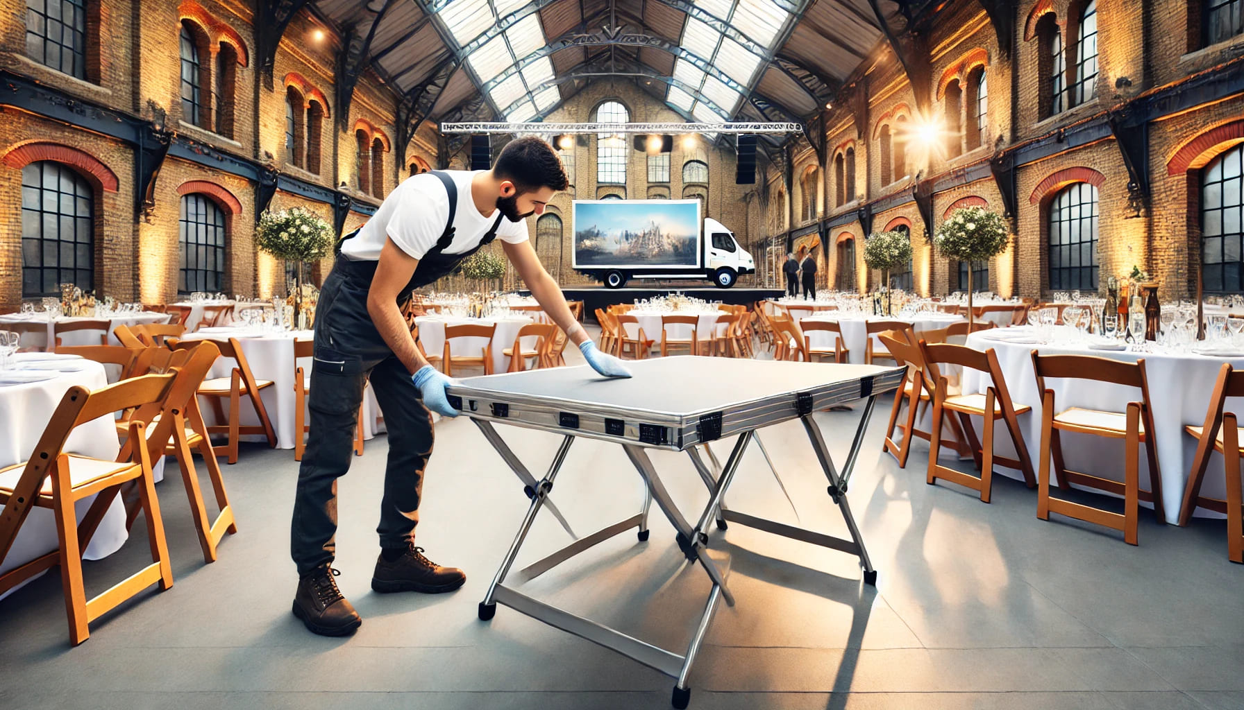 6 A practical event setup in the UK showcasing the benefits of trestle table hire. The image features trestle tables with folding legs, being easily set