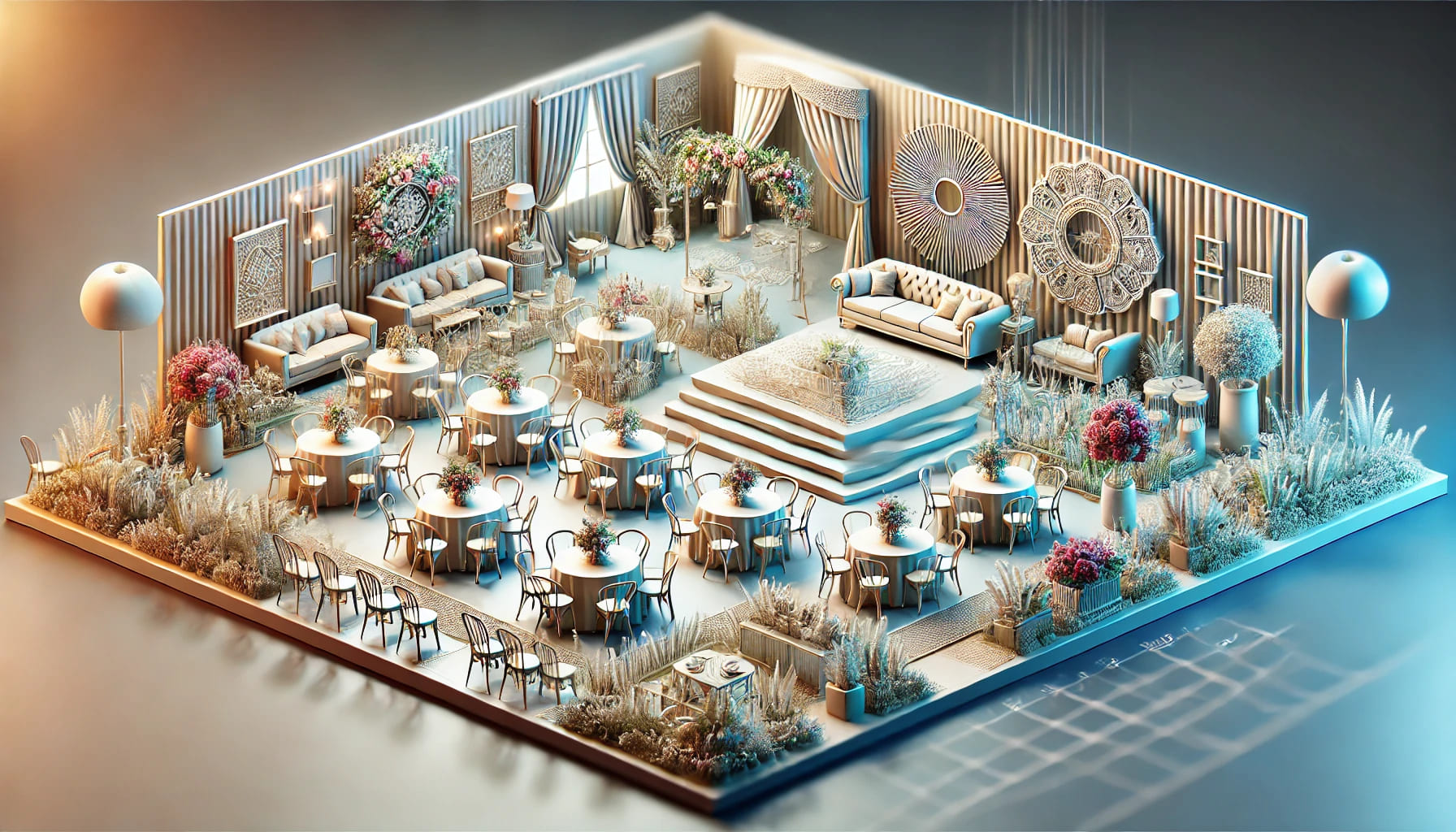 A realistic image depicting an event that stands out with unique furniture and decor elements. The event space includes carefully chosen furniture