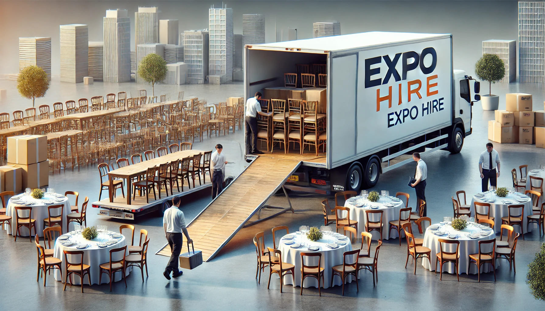 A realistic image in landscape orientation illustrating the timely delivery and setup of event furniture. The scene shows a team of professionals from