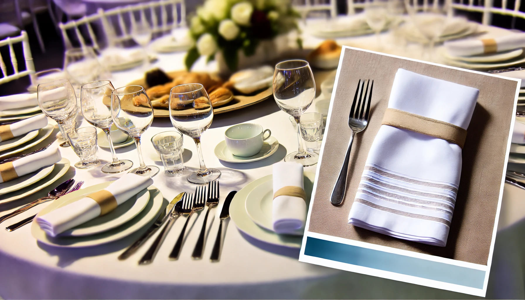 A realistic image in landscape orientation of a beautifully set dining table at an event, showcasing how high-quality table linens enhance the dining