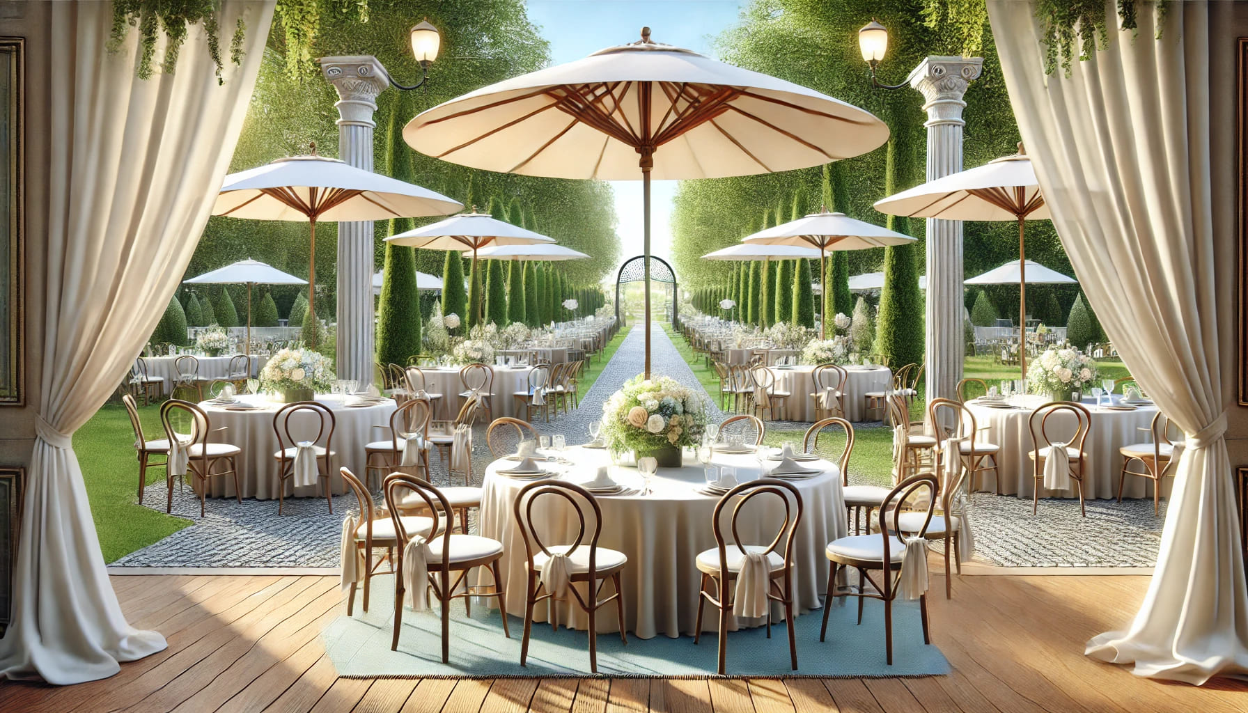 A realistic image of an outdoor event setup featuring tables and chairs under large parasols, with a view of a garden or park setting. The image shoul