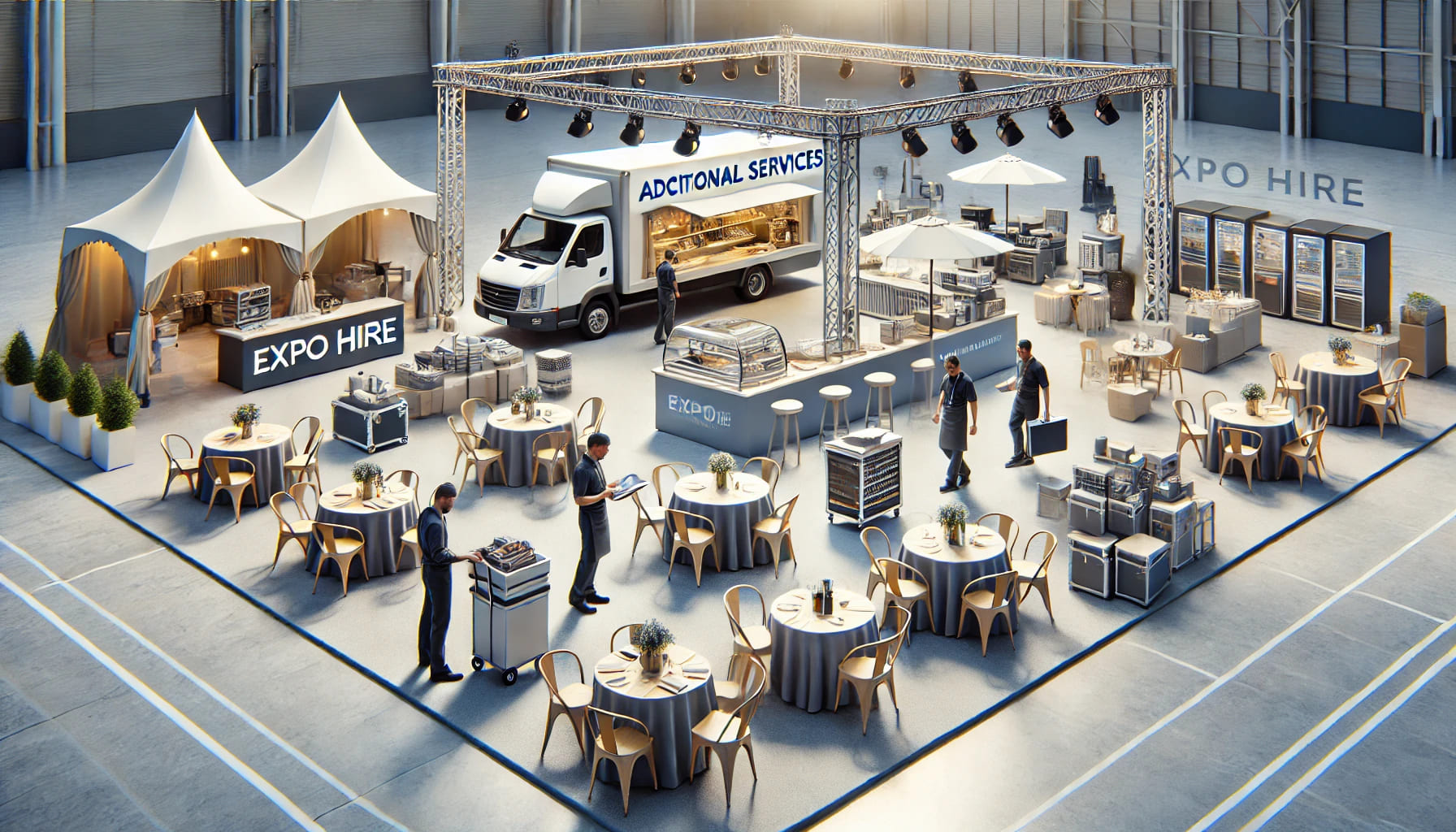 A realistic image showcasing various additional services offered by Expo Hire, including catering equipment and outdoor furniture. The setup should be