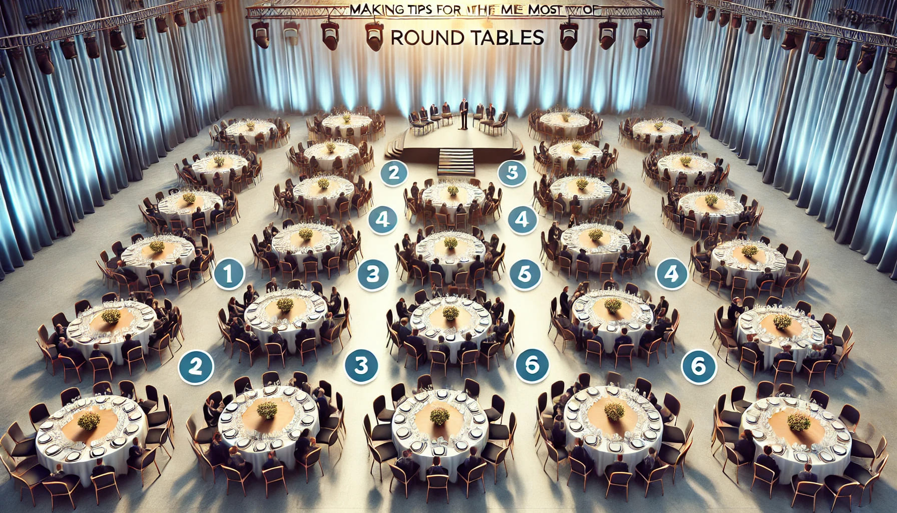 A realistic image showing a well-arranged event space with round tables set up for a formal dinner. The tables are spaced evenly, each with a clear vi