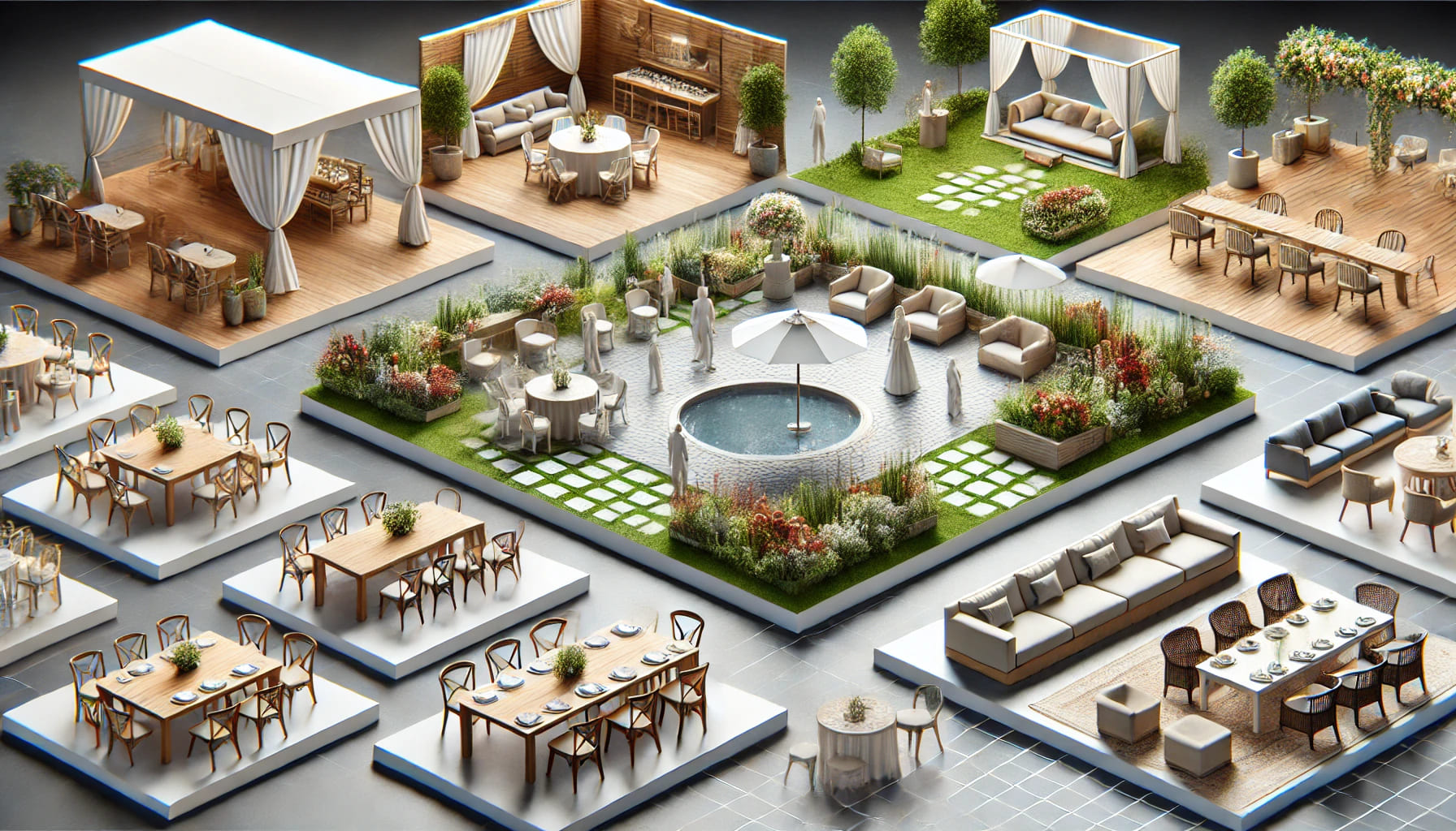 A realistic image showing furniture setups for various types of events, including outdoor garden furniture, formal indoor seating, and casual lounge a