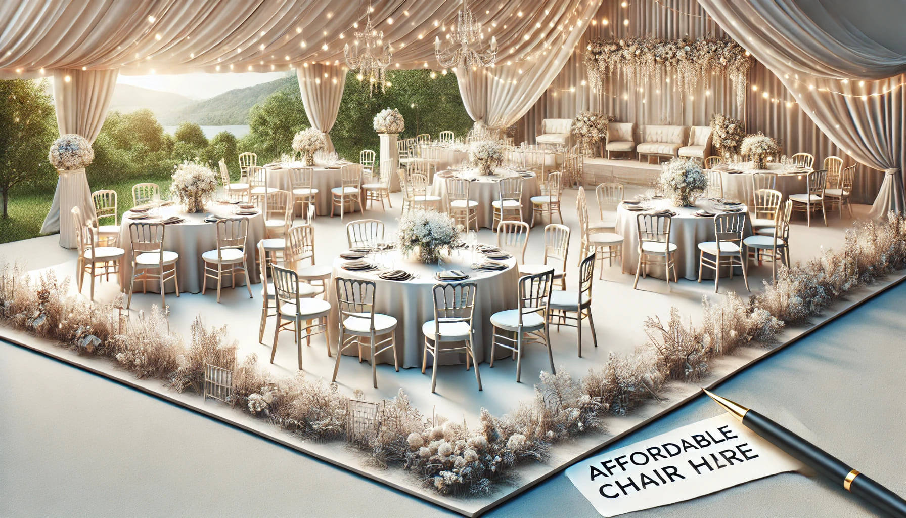 A realistic landscape image of a budget-friendly wedding setup featuring simple yet elegant chairs and tables in a beautifully decorated hall. The sce