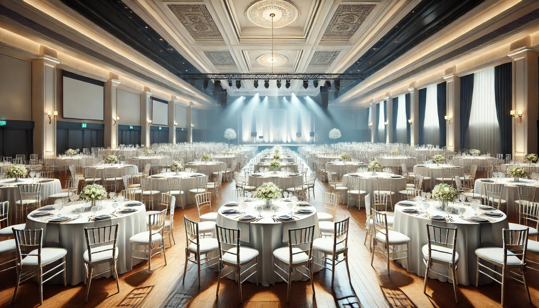 A realistic, well-lit image of a beautifully set up event space with tables and chairs arranged perfectly, showcasing a successful event. The venue is