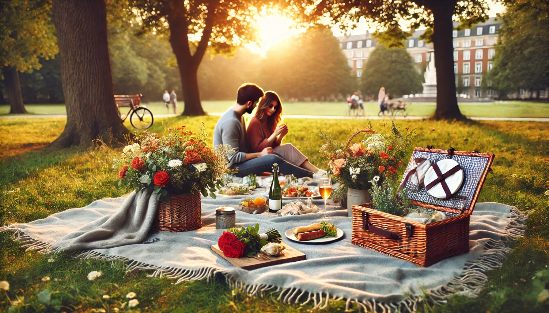 A romantic picnic setup in a park with a blanket, picnic basket, flowers, and a couple enjoying a meal together in a beautiful outdoor setting