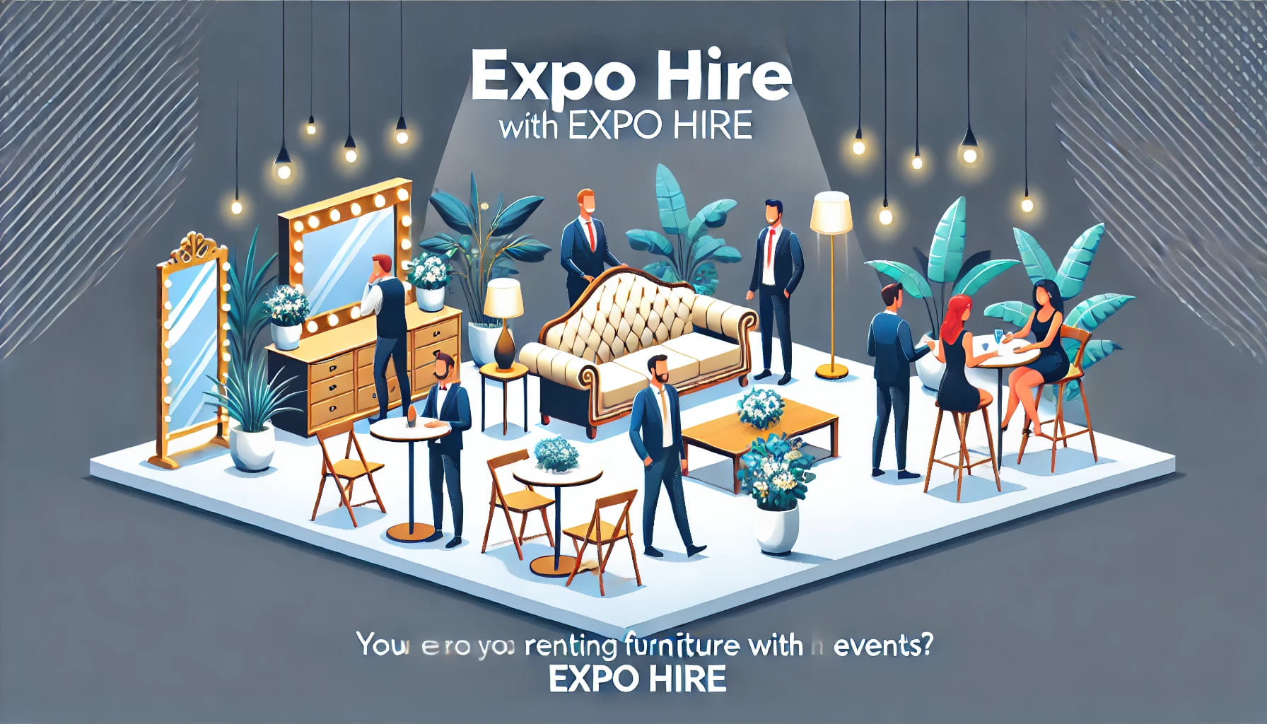 A scene depicting the benefits of renting furniture with Expo Hire, showing a successful event setup with stylish furniture and decorations. Guests ar