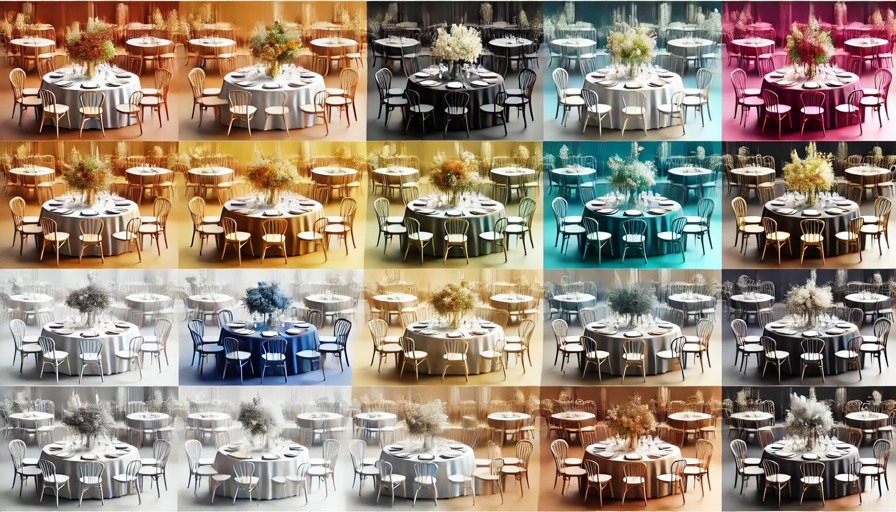 A set of tables and chairs in various colours, showcasing how different colour schemes can be matched to event themes