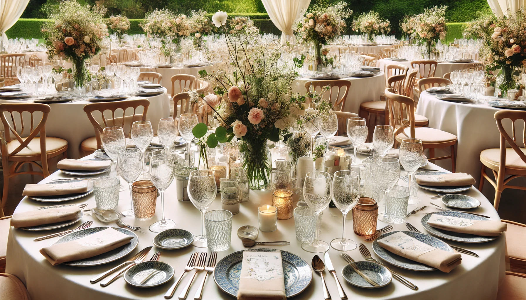 A stress-free event setup with glassware hire, showing organised and neatly arranged glassware on tables ready for guests