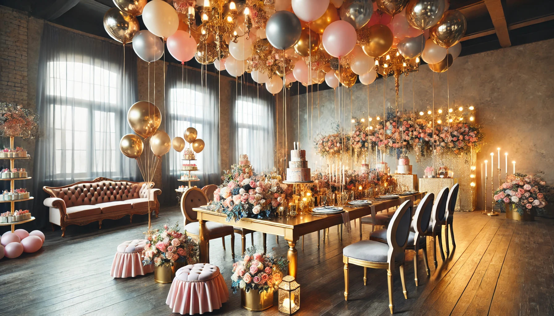 A stylishly decorated birthday party space with balloons, flowers, and elegant lighting