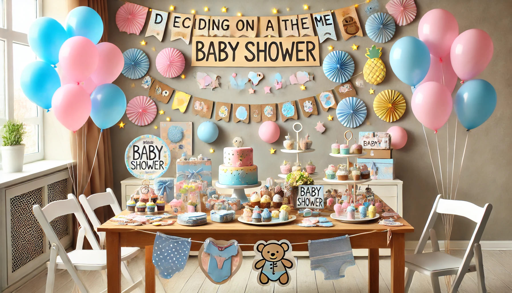 A table filled with themed baby shower decorations like balloons, streamers, and banners, symbolizing deciding on a theme and decorations for your bab