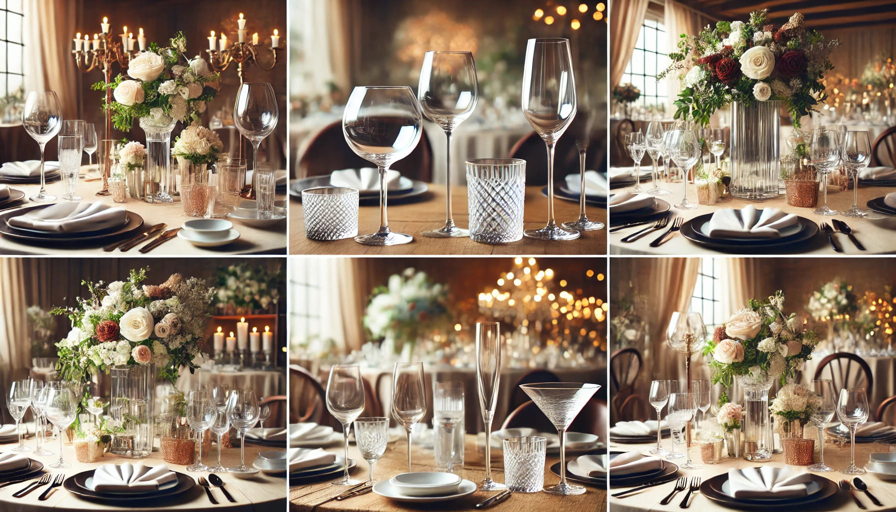 A variety of glassware set on different tables for various events, including wine glasses, martini glasses, and tumblers, tailored to suit weddings, c