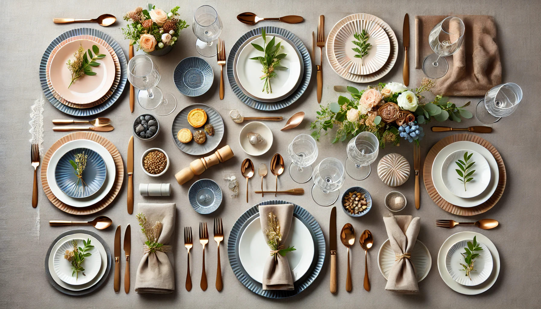 A variety of tableware settings tailored for different events, showcasing different styles of plates and cutlery for weddings, corporate events, and c