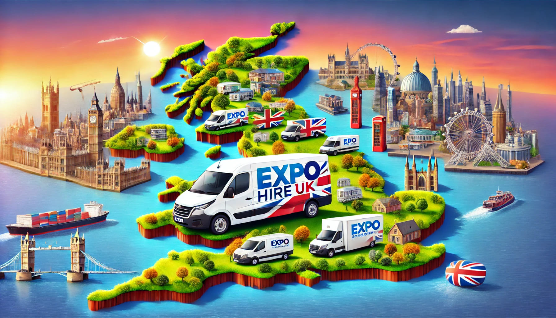 A vibrant image showing the nationwide coverage of Expo Hire UK. Highlight delivery vans with the company logo traveling across various iconic UK land