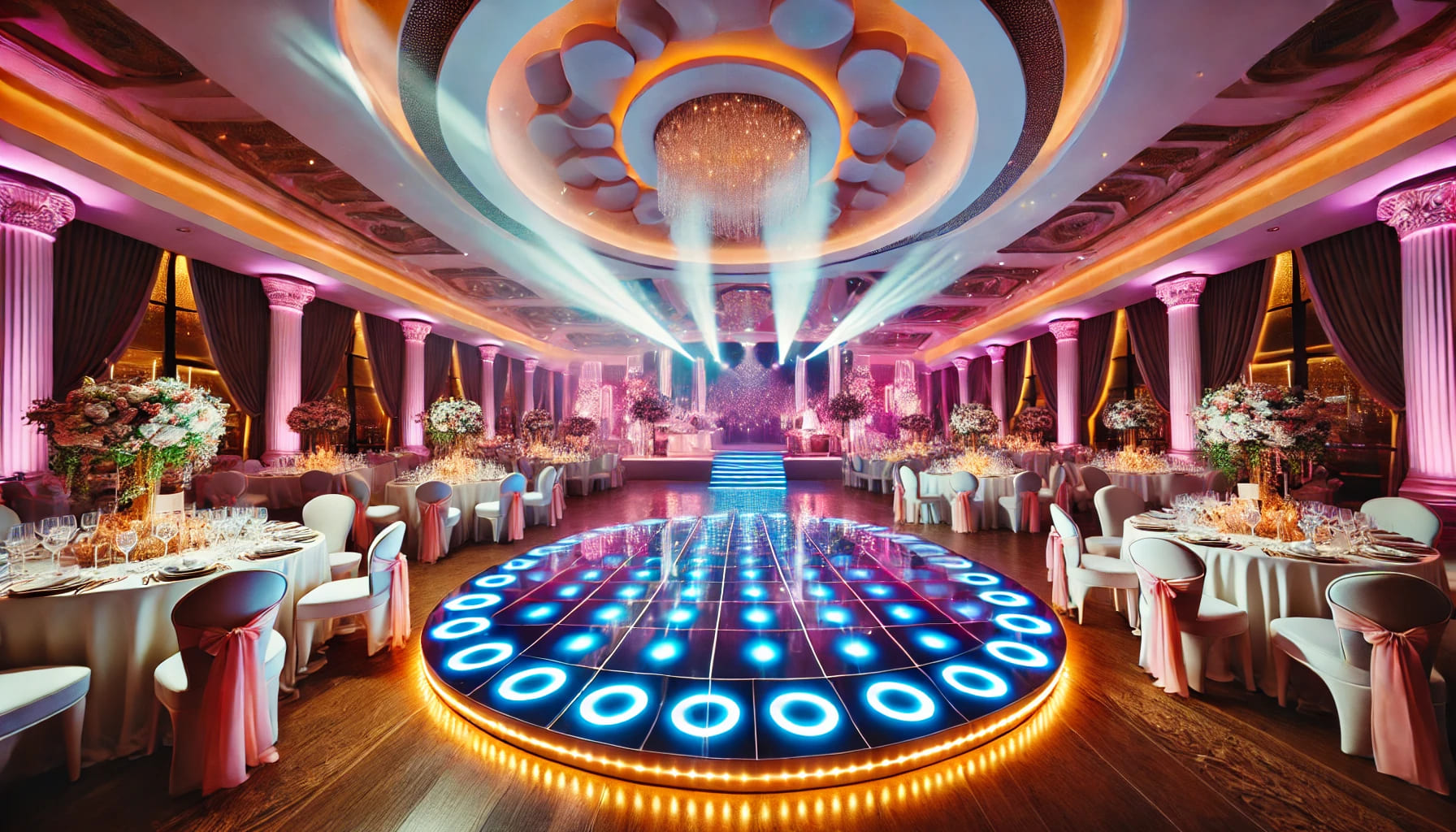 A vibrant wedding reception dance floor with LED lights, surrounded by elegant seating areas. The space is designed for guests to enjoy and dance, wit