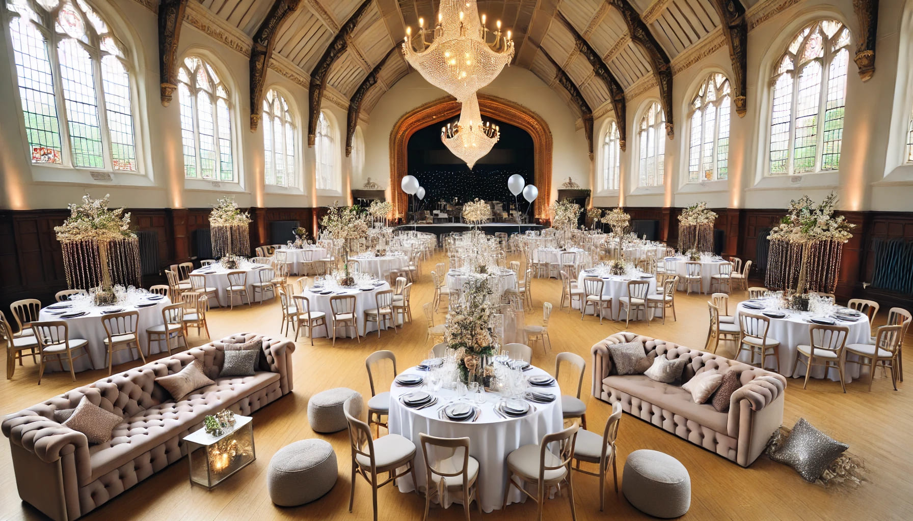 A wedding venue setup with various essential furniture hire options, including tables, chairs, sofas, and bean bags, set in a spacious and elegantly d