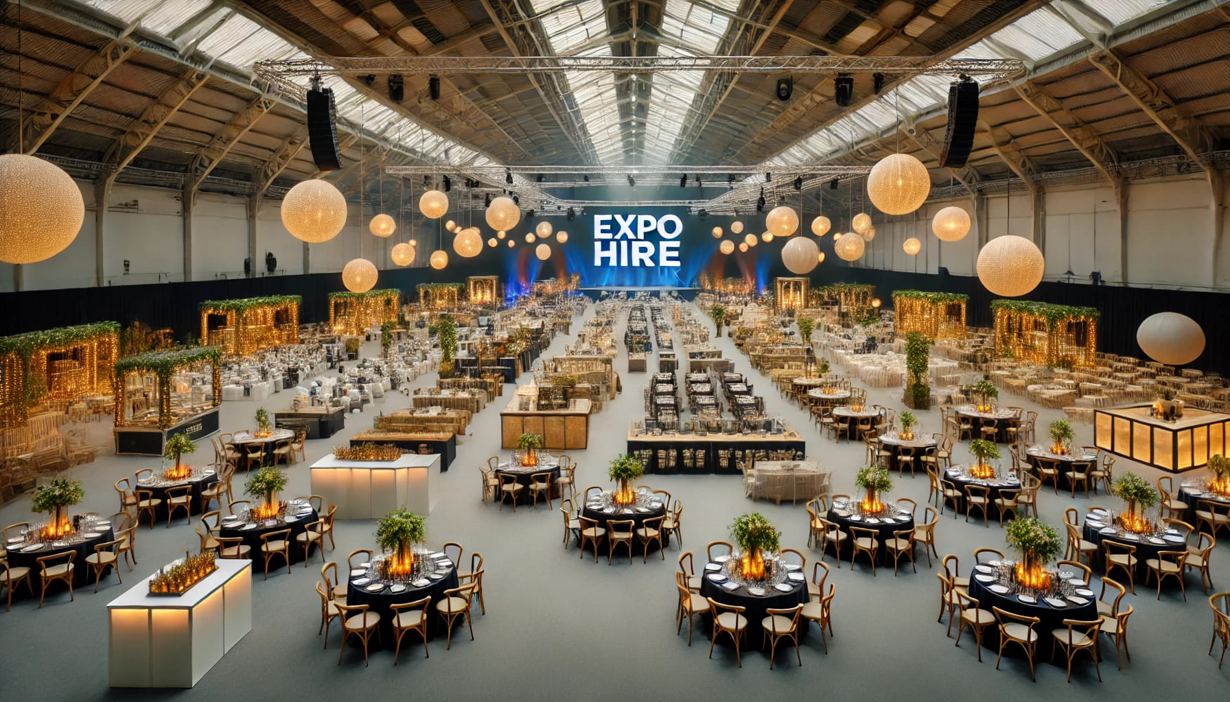 A wide shot of an event venue showcasing various event equipment from Expo Hire UK, including furniture, lighting, and decoration, set up for a large