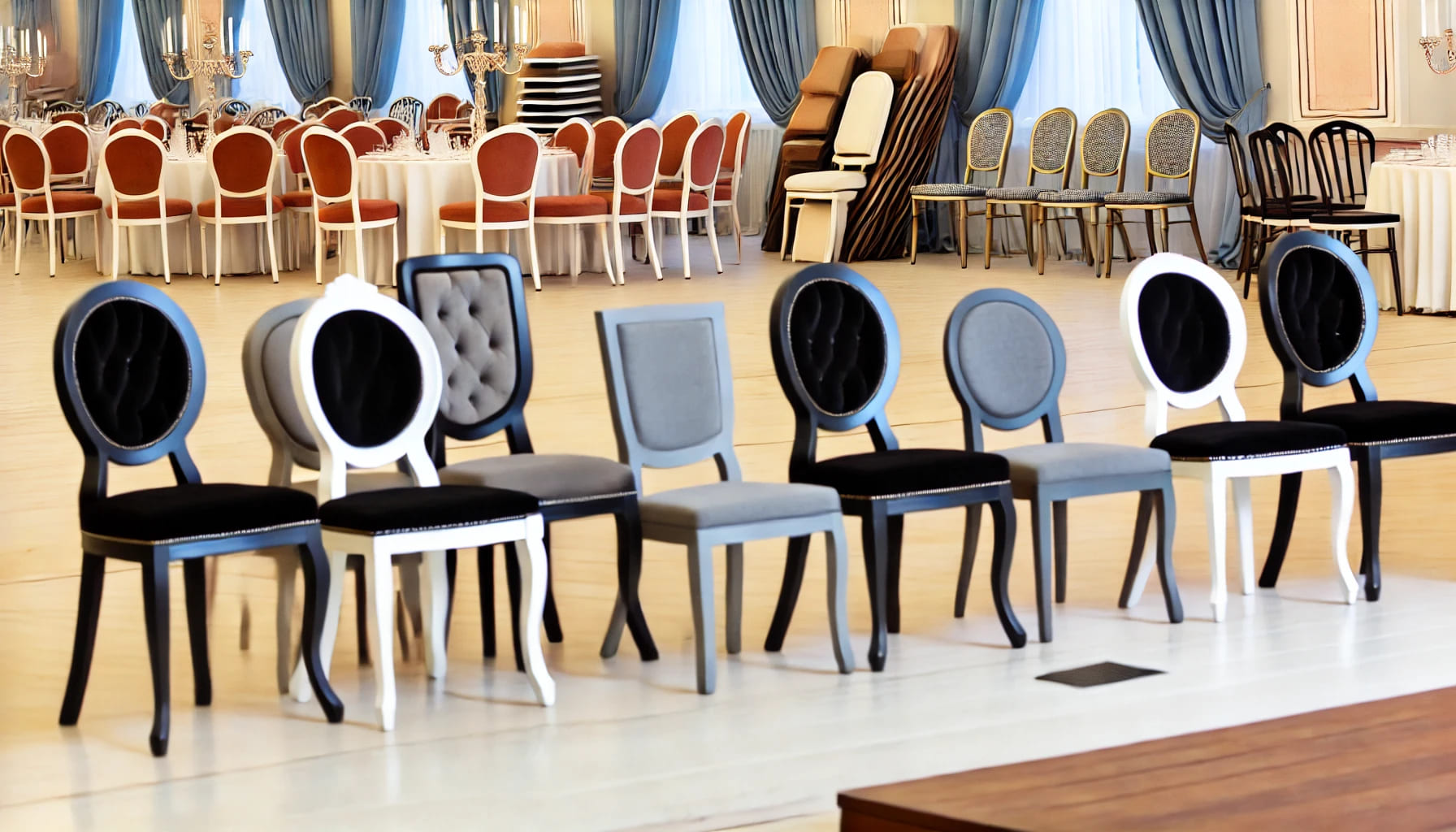 An assortment of stylish chairs in an elegant event setting. The scene should feature different chair designs, arranged tastefully in a formal venue