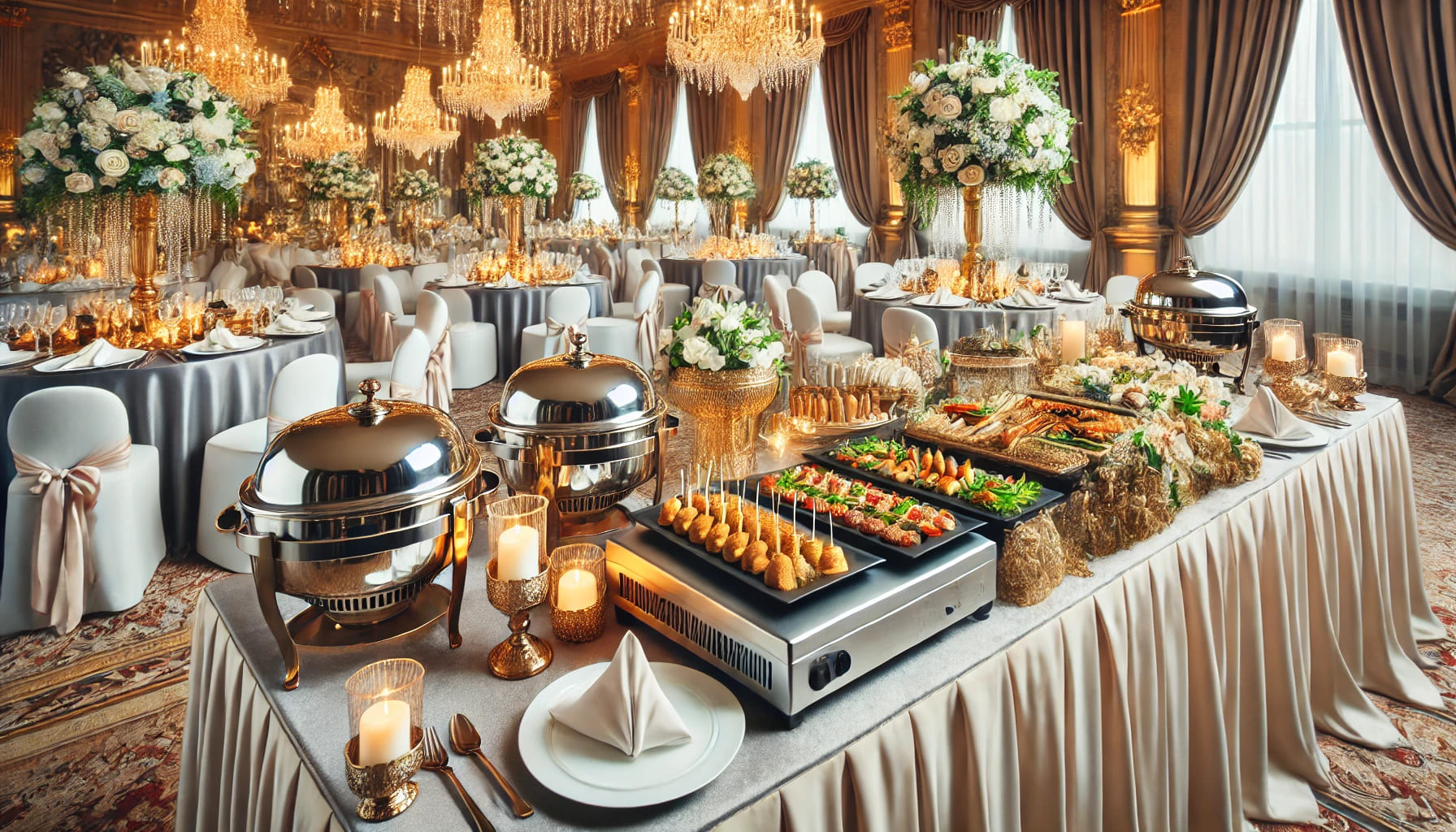 An elegant event setup with serving equipment like chafing dishes, buffet trays, and canape plates on a beautifully decorated table