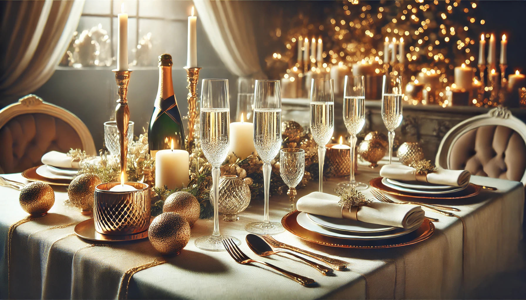 An elegant setup of champagne glasses on a table, ready for a celebration. The setting should convey a festive atmosphere. Landscape format, no writte