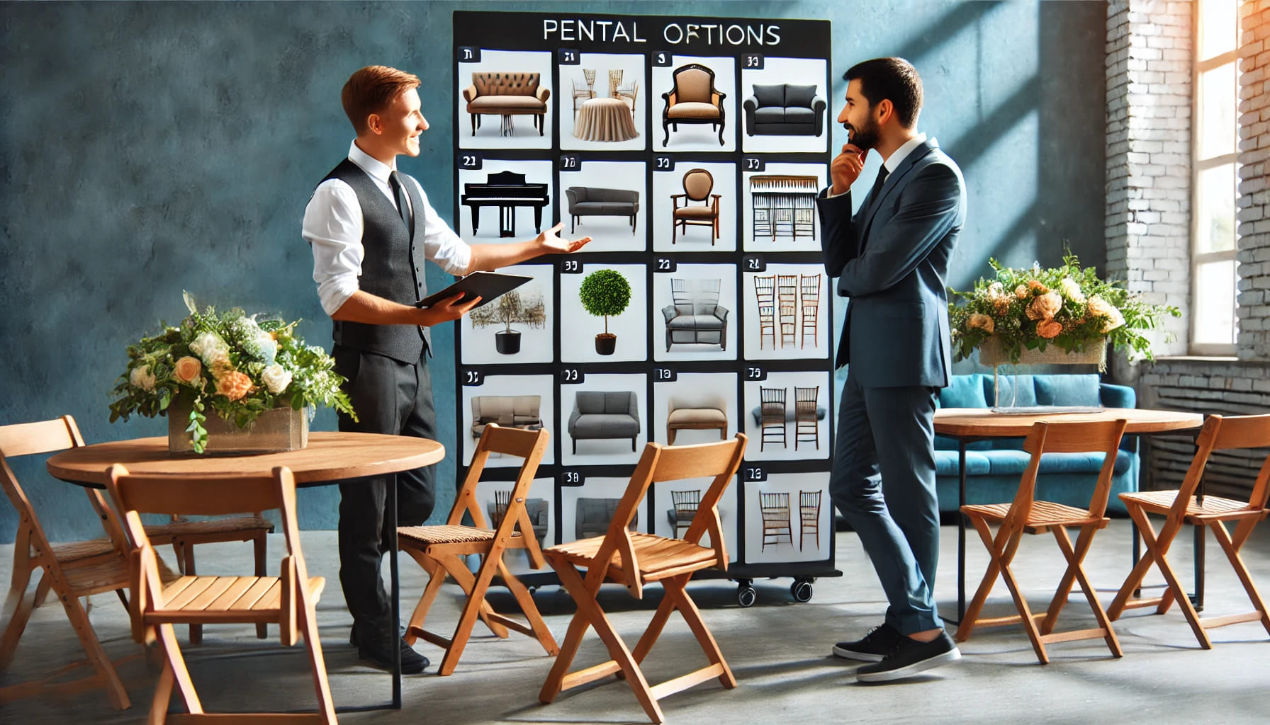 An event planner discussing rental options with a client, showcasing different furniture and equipment choices