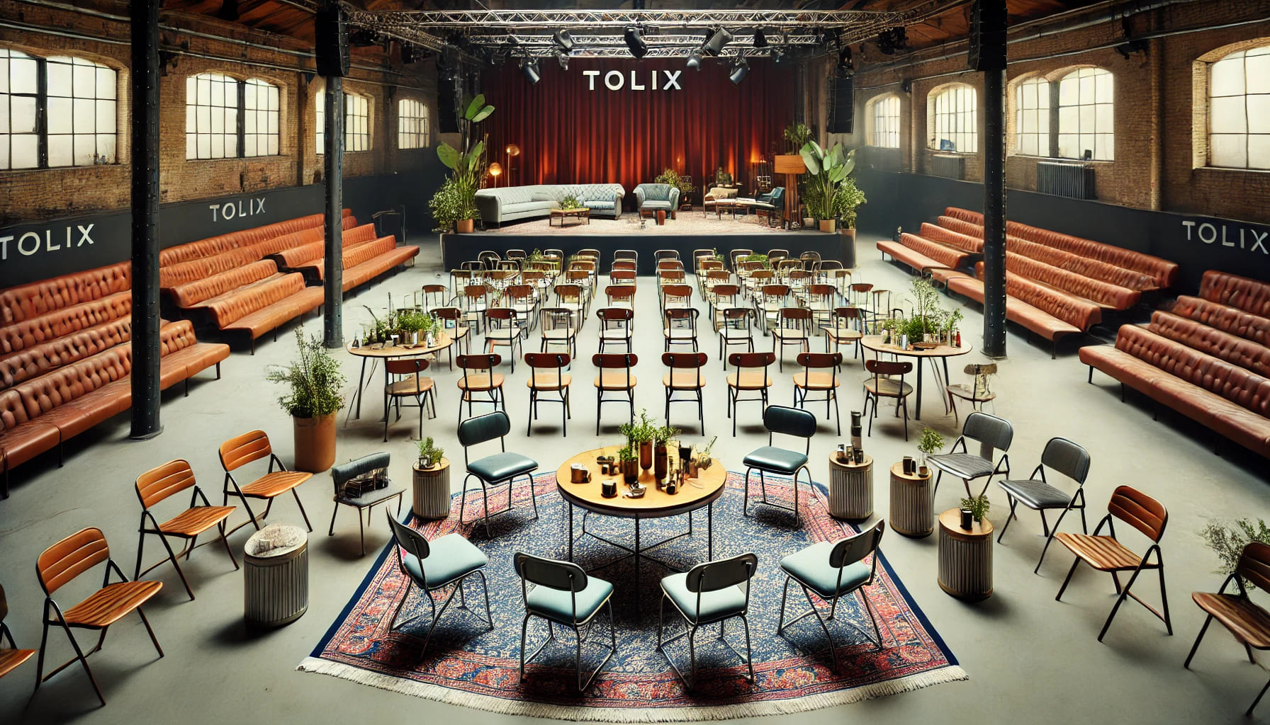 An event setup showcasing the practical use of Tolix furniture with seating arrangements, tables, and a stage, providing tips for effective use