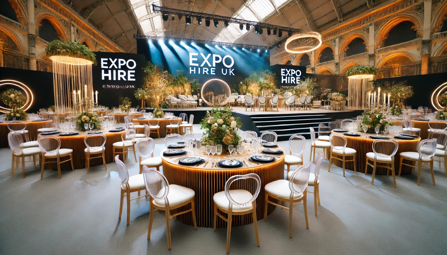 An event setup with high-quality furniture, showcasing elegant tables and chairs in a stylish venue, highlighting the premium products offered by Expo