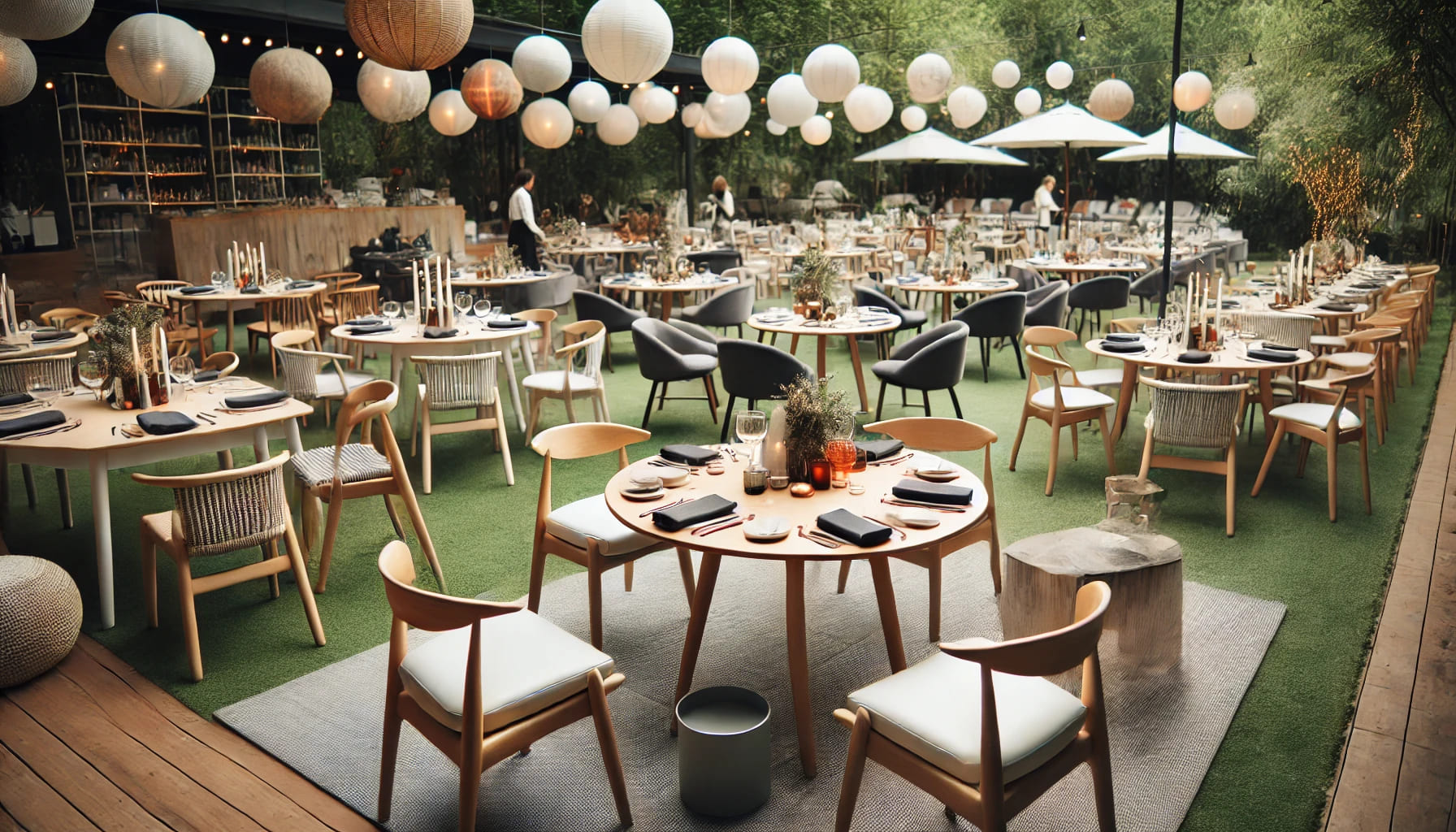 An event setup with practical and stylish furniture including comfortable chairs, functional tables, and decorative elements, suitable for both indoor