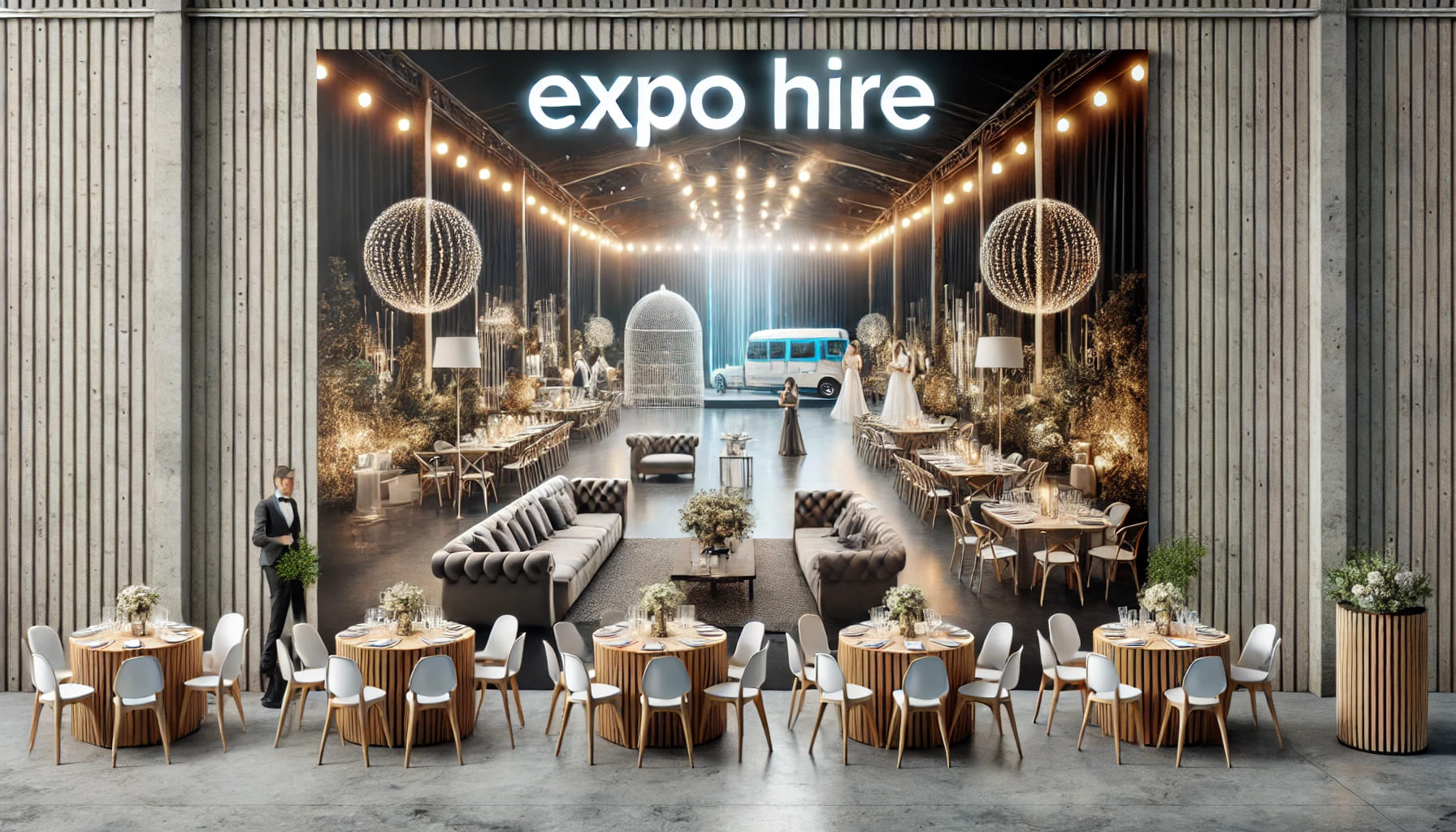 An event venue showcasing the benefits of hiring with Expo Hire, featuring a variety of their rental products. The space includes comfortable seating