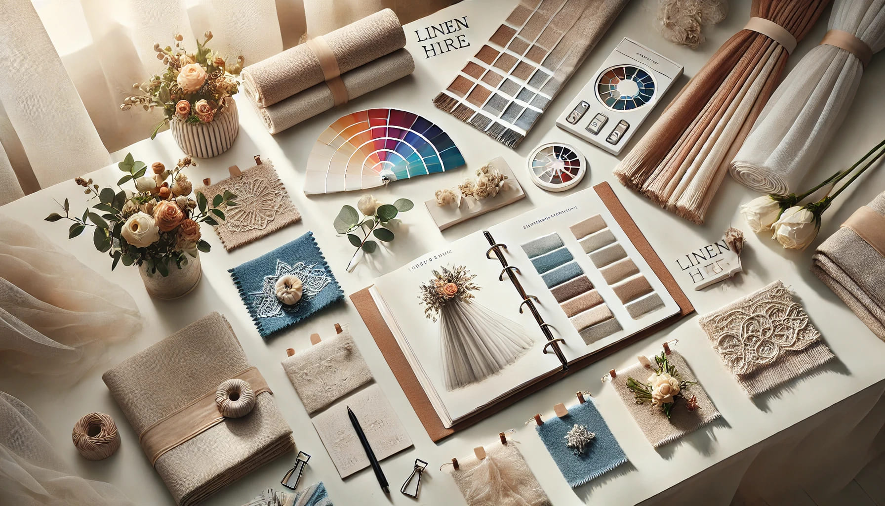 An image showing the process of wedding planning with linen samples, color swatches, and a planner's notebook on a table. The scene reflects the caref