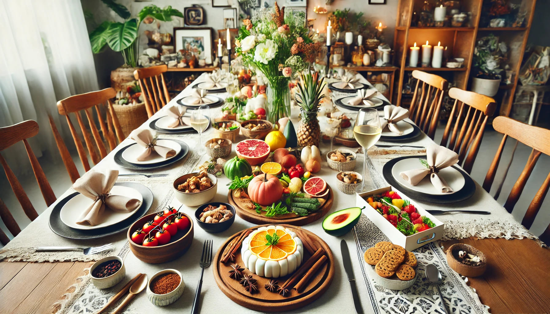 An ingredient-themed dinner party with a beautifully decorated table, featuring dishes made from a single ingredient, with creative presentations