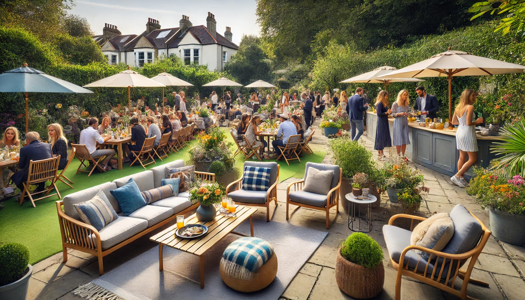 An outdoor event showcasing the benefits of hiring outdoor furniture, with guests enjoying comfortable seating and stylish tables in a beautiful garde