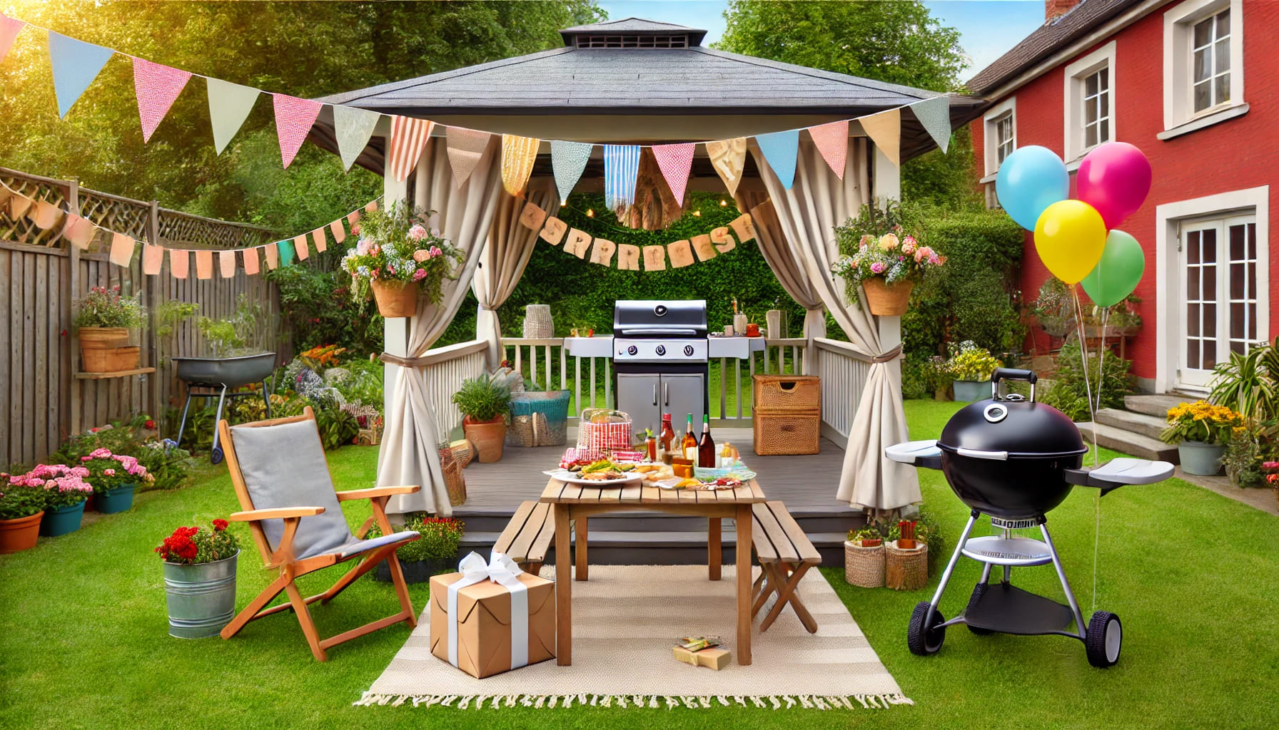 An outdoor surprise party setup with essential items like a gazebo, outdoor furniture, and BBQ equipment. The garden setting is festive and ready for