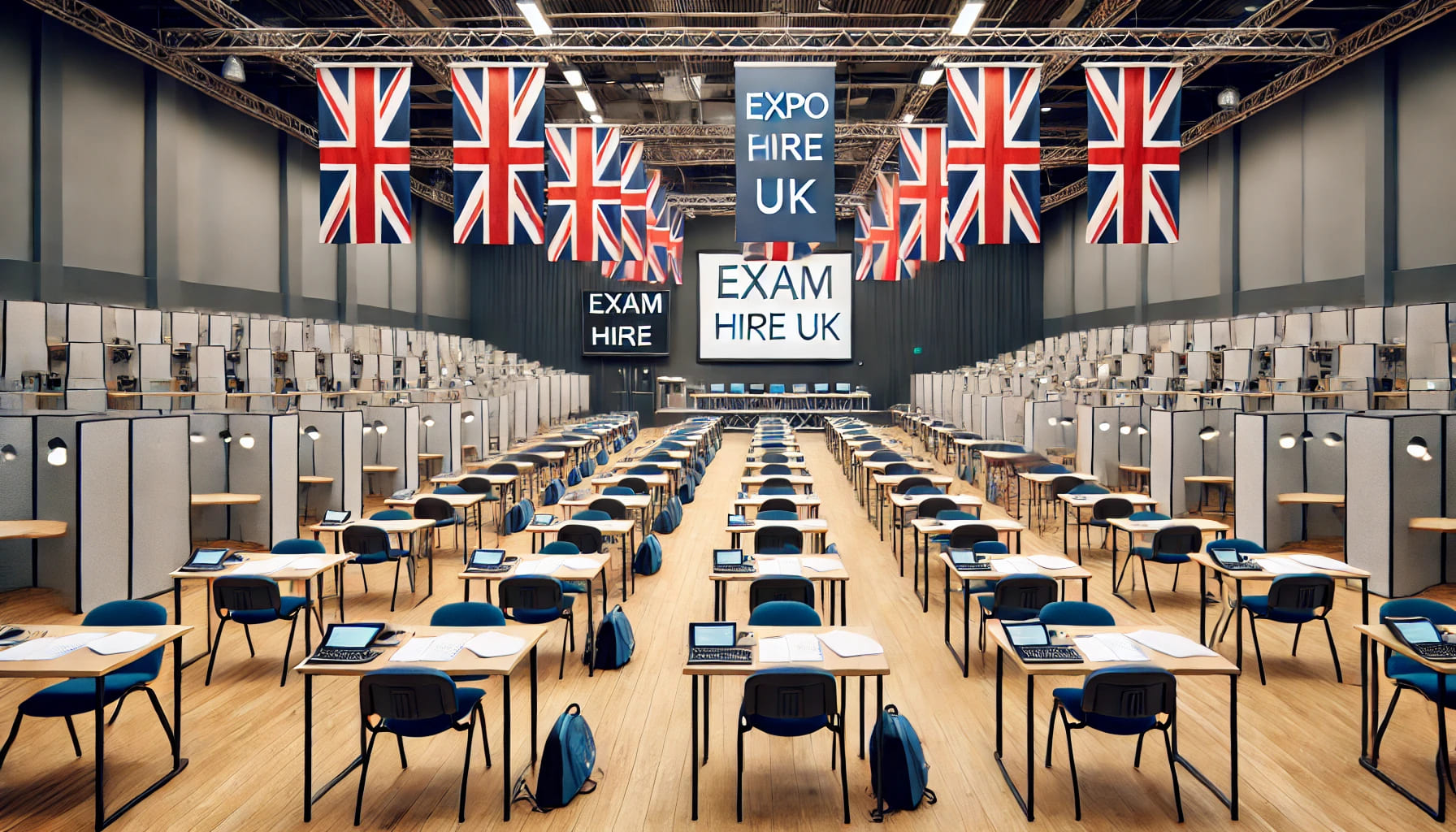 A UK exam hall filled with various exam furniture options provided by Expo Hire UK, including chairs, desks, and privacy screens. The hall is well-org