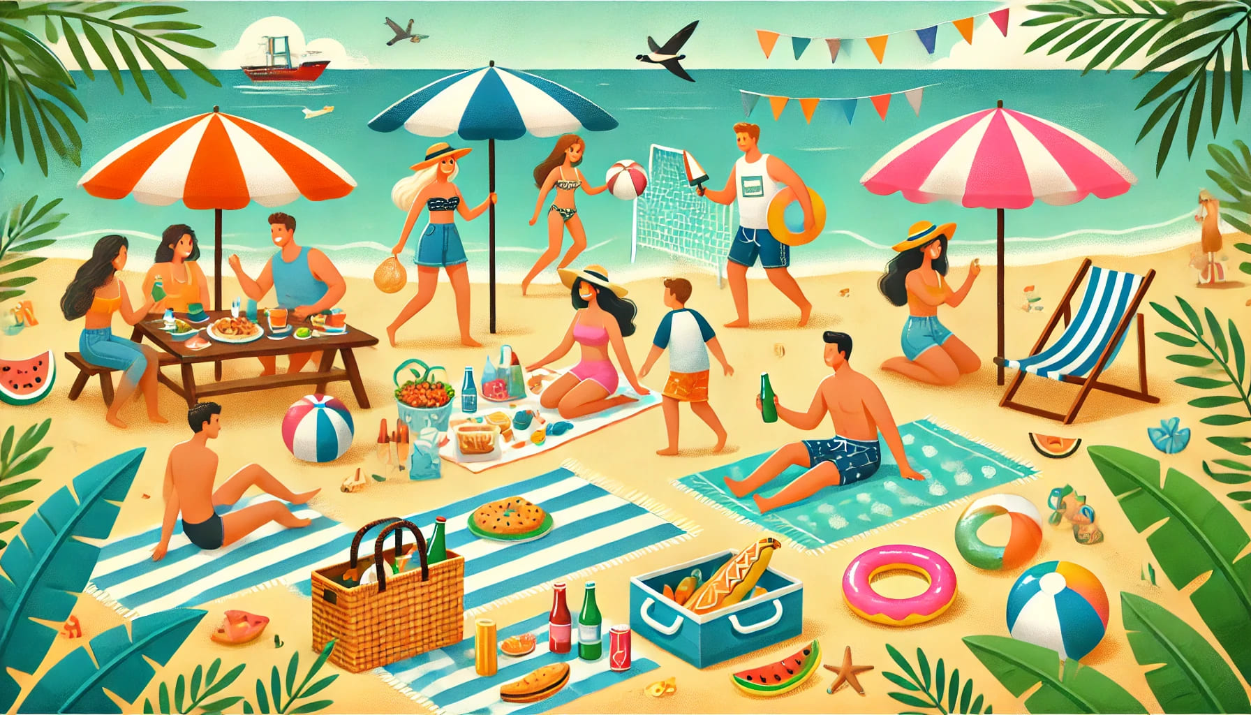 A beach day party with friends and family. The scene includes beach towels, umbrellas, snacks, and people playing beach games and enjoying the sunny w