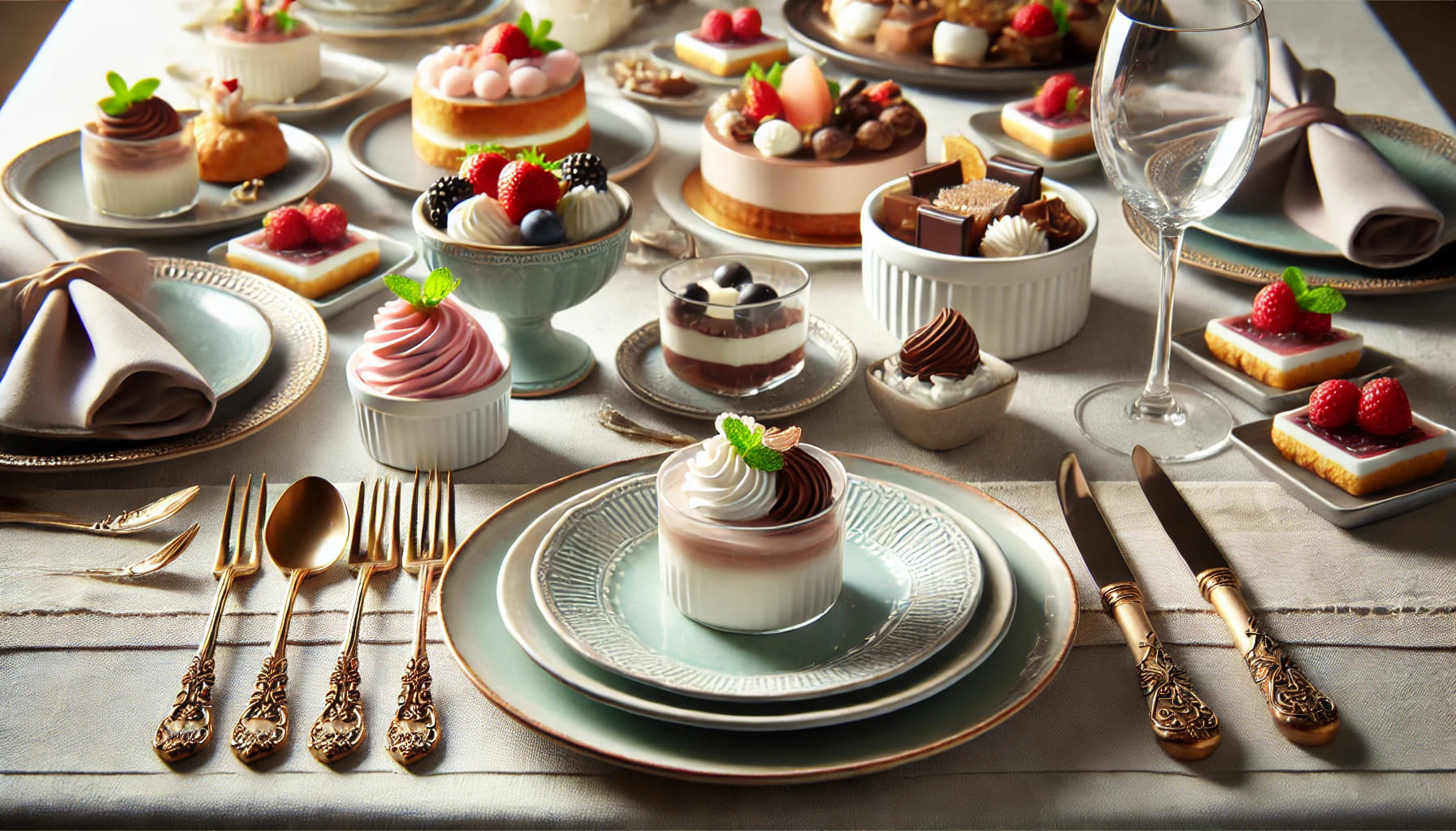 A beautifully arranged table setting for desserts, featuring small dessert plates, bowls, and elegant cutlery. The desserts are attractively presented