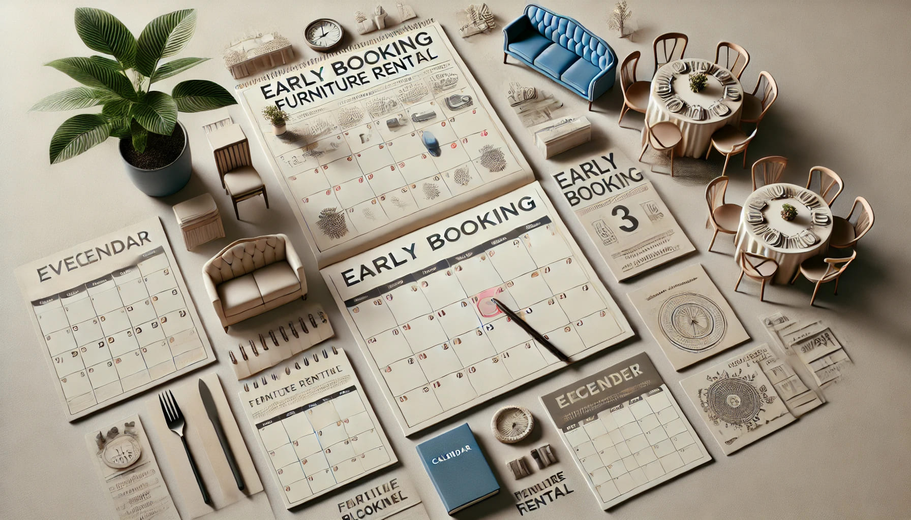 A calendar and event planning materials spread out on a table, representing early booking and preparation for furniture rental